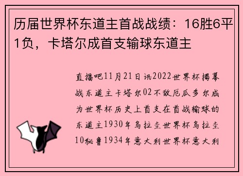 历届世界杯东道主首战战绩：16胜6平1负，卡塔尔成首支输球东道主